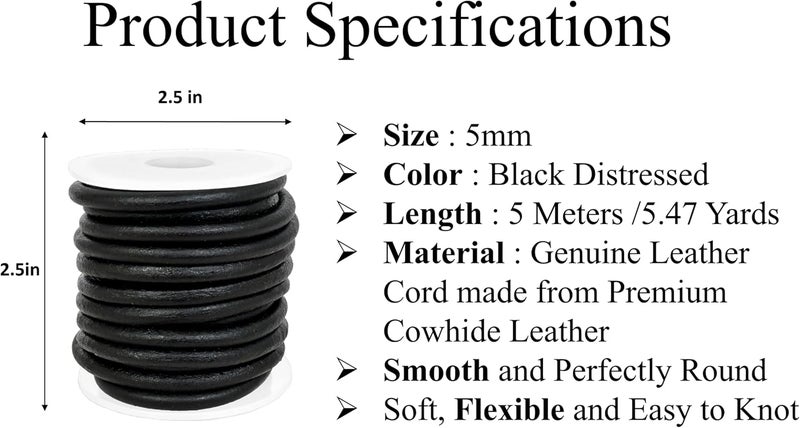 GENIQUE Real/Genuine Round Leather String Cord for Necklace, Bracelets, Jewellery, Braiding (Black Distressed, 5mm) - Image 2